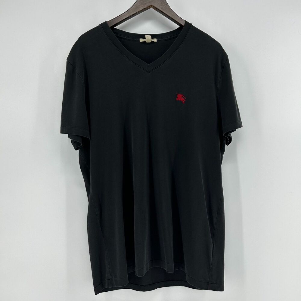 Burberry V-Neck Short Sleeve T-Shirt Men's XL Black Logo Tee Cotton Jersey Top
